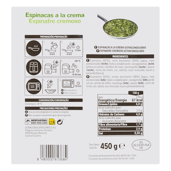 Espinacas a la crema Hacendado ultracongeladas