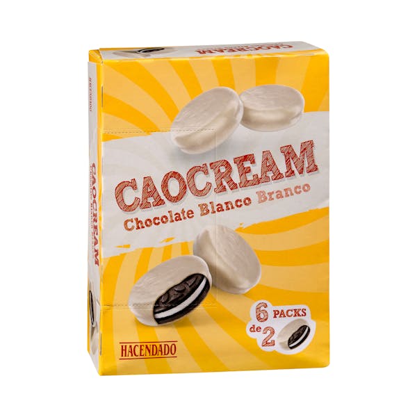 Imagen de Galletas de cacao Caocream bañadas de chocolate blanco Hacendado rellenas de crema