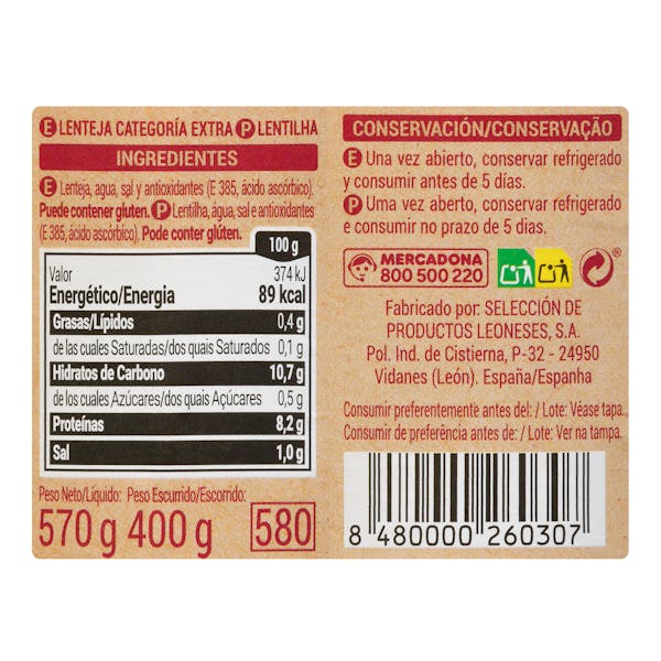 Lenteja cocida Hacendado