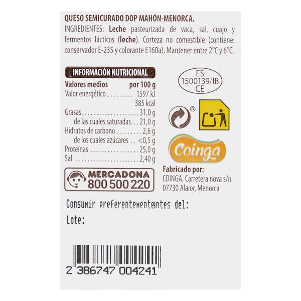 Queso semicurado Mahón Menorca de vaca Hacendado