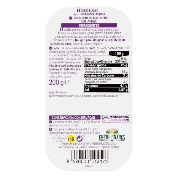 Queso untar sin lactosa de vaca Hacendado