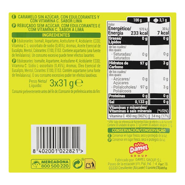 Caramelos sabor lima Hacendado 0% azúcares