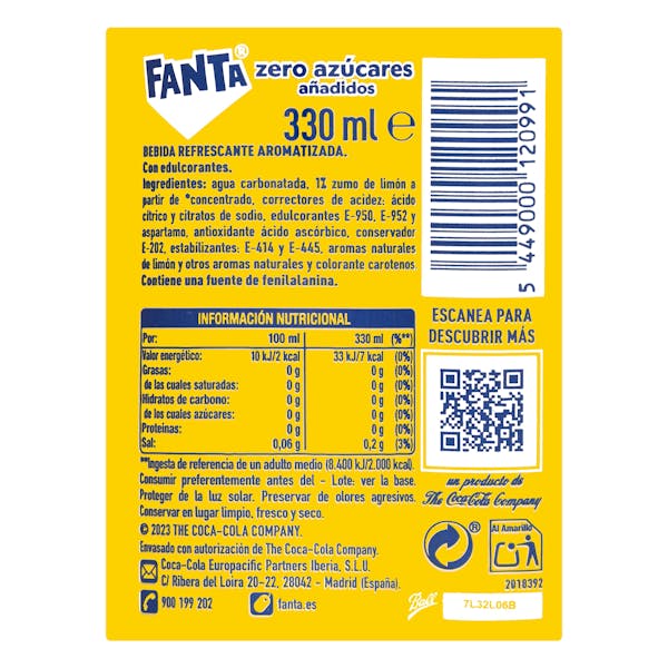 Refresco Fanta limón zero azúcares añadidos