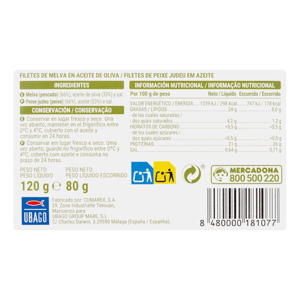 Filetes de melva en aceite de oliva Hacendado