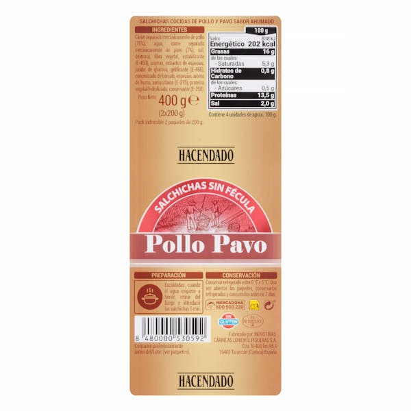 Salchichas cocidas bocata Hacendado de pollo y pavo sabor ahumado