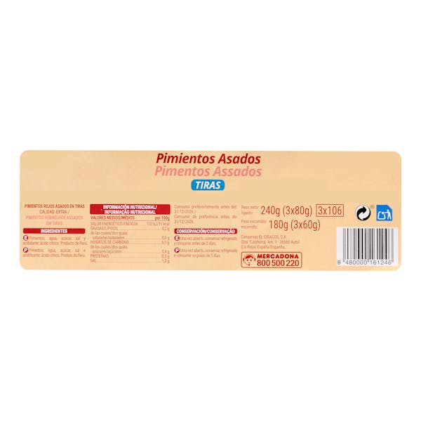 Pimientos rojos asados Hacendado en tiras extra