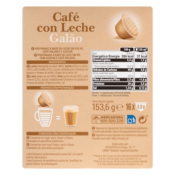 Café con leche en cápsula Hacendado