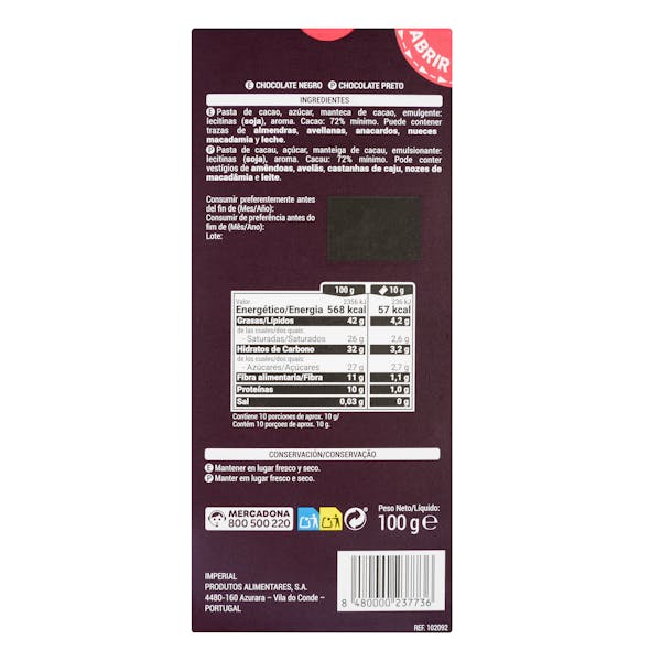 Chocolate negro 72% de cacao Hacendado