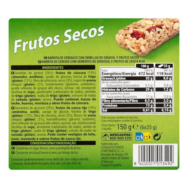 Barritas de cereales y frutos secos Hacendado