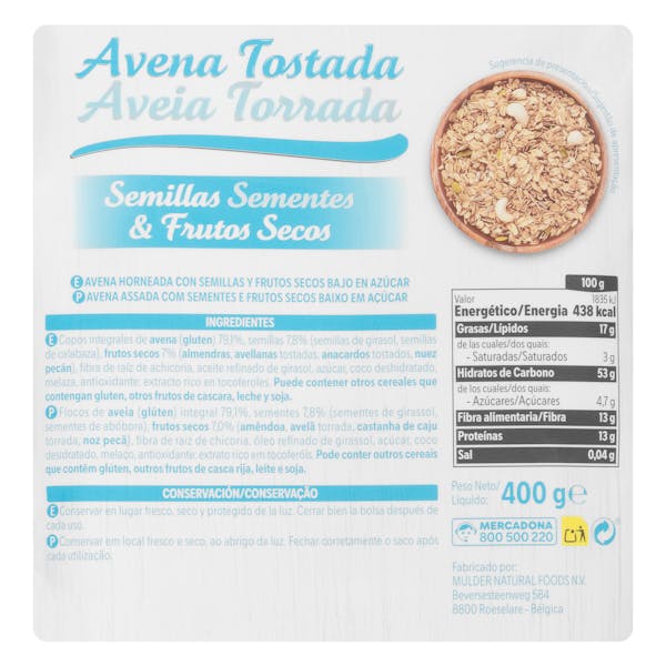Copos avena tostada Hacendado con semillas y frutos secos