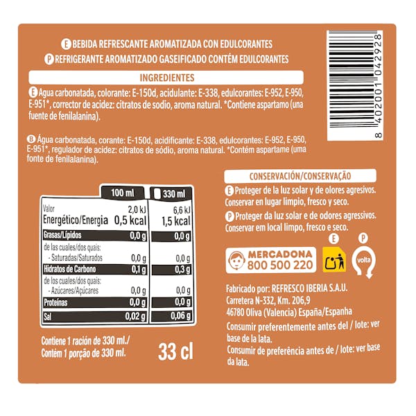 Refresco cola Hacendado zero azúcar zero cafeína