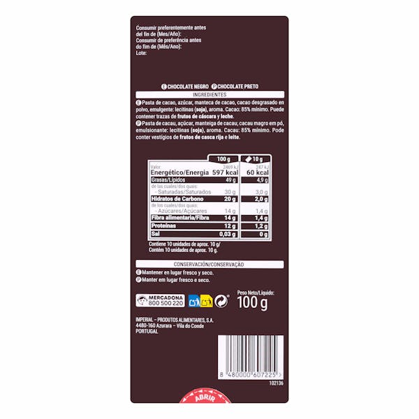 Chocolate negro 85% cacao Hacendado