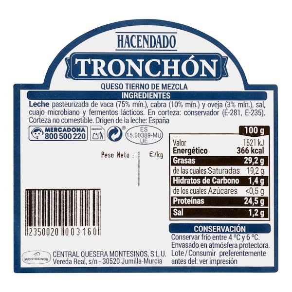 Queso tierno tronchón mezcla Hacendado