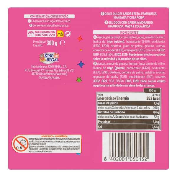 Golosinas Rega Pica Mix Hacendado sabor fresa, frambuesa, manzana y cola ácida