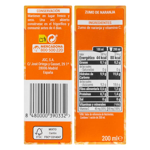 Zumo pura naranja Hacendado