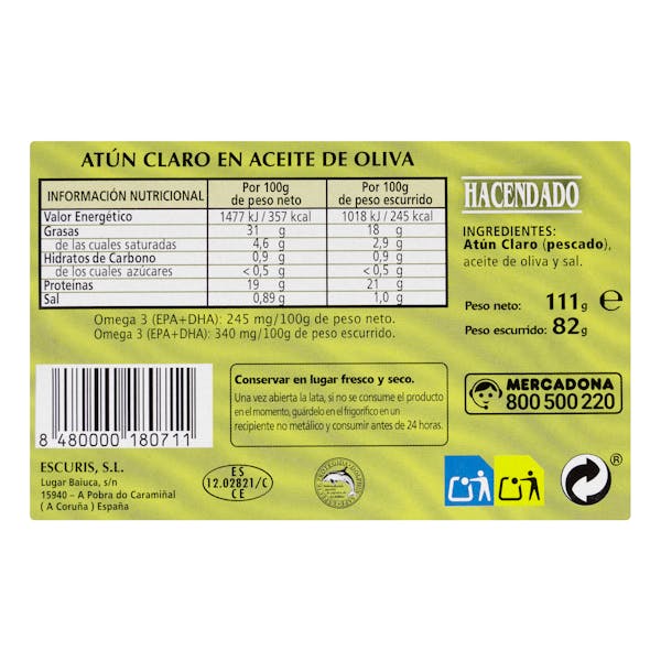 Atún claro en aceite de oliva Hacendado