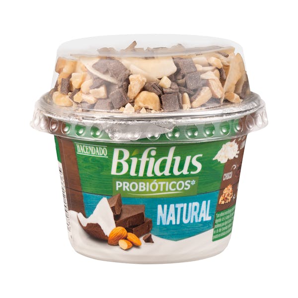 Bífidus natural probiótico Hacendado con coco, almendras y chocolate