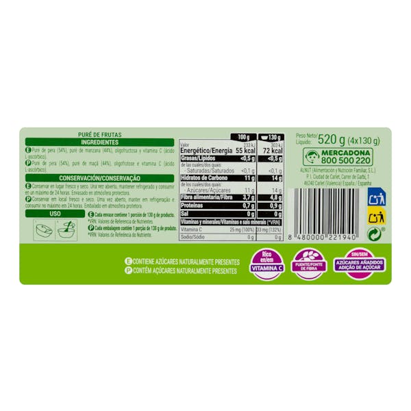 Papilla pera y manzana Hacendado +4 meses
