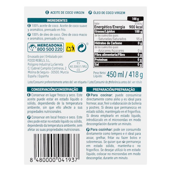Aceite de coco virgen Hacendado