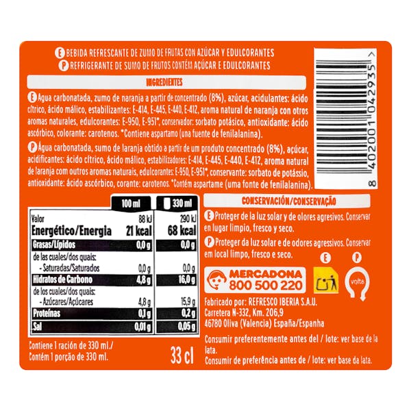 Refresco de naranja Hacendado fresh gas