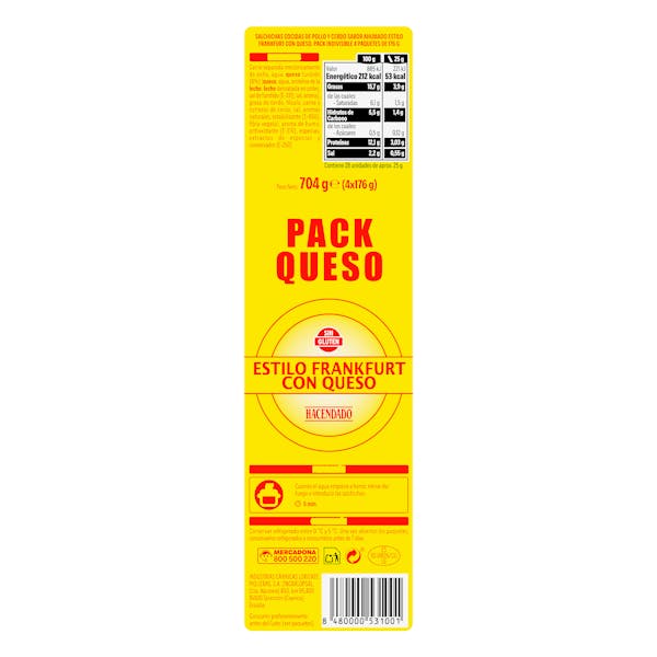 Salchichas cocidas estilo Frankfurt con queso Hacendado de pollo y cerdo sabor ahumado