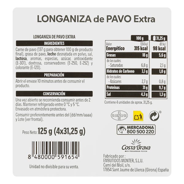 Longaniza de pavo extra Hacendado lonchas