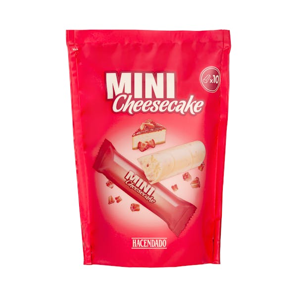 Mini barritas de cheesecake Hacendado con chocolate blanco sabor tarta de queso y crujiente de fresa