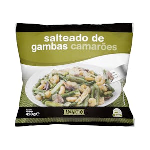 Salteado de gambas, espárragos verdes, ajos tiernos, champiñón y cebolla Hacendado ultracongelado