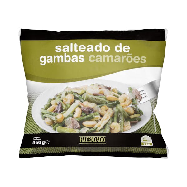 Salteado de gambas, espárragos verdes, ajos tiernos, champiñón y cebolla Hacendado ultracongelado