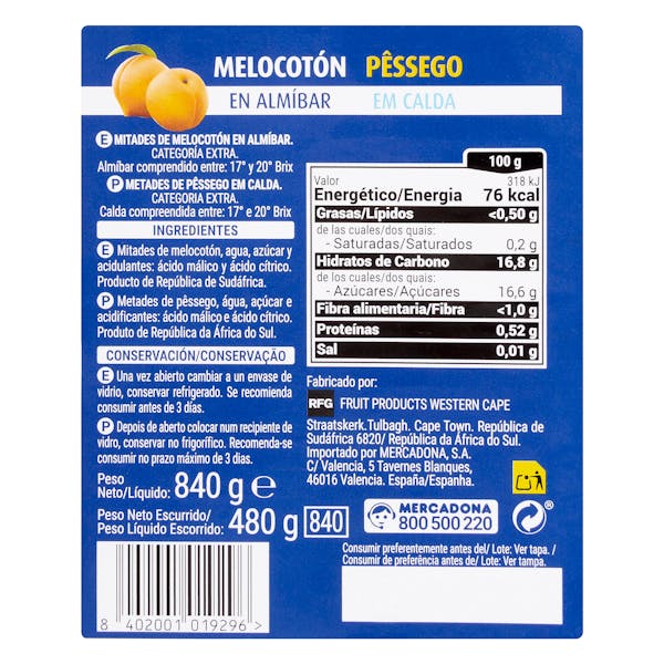 Melocotón en almíbar Hacendado