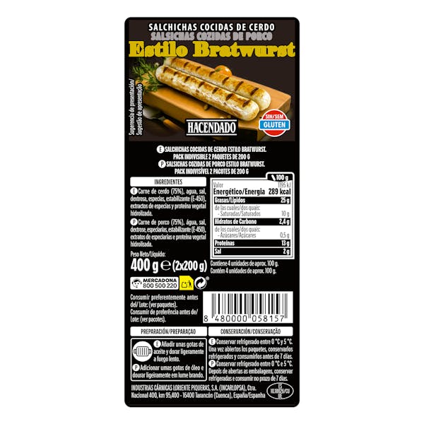 Salchichas cocidas de cerdo estilo Bratwurst Hacendado