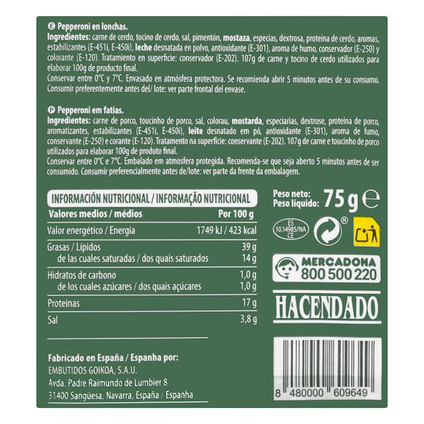 Pepperoni Hacendado lonchas
