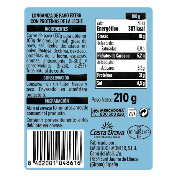 Longaniza de pavo Imperial extra Hacendado