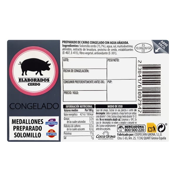 Medallones preparado de solomillo cerdo congelados marinados