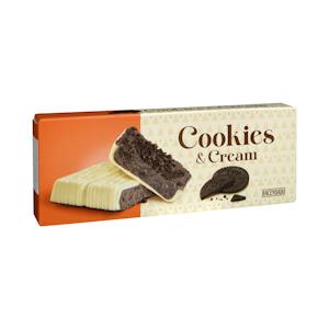 Turrón chocolate blanco Cookies & Cream Hacendado relleno de crema de galletas y cacao