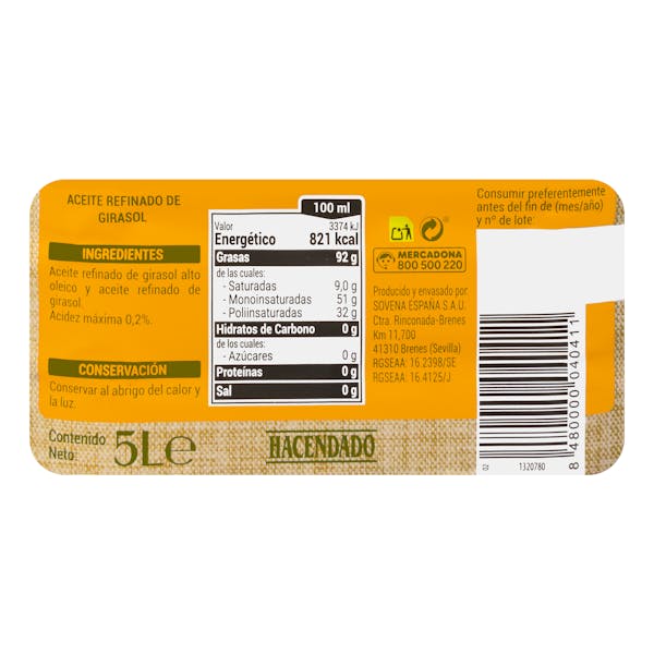 Aceite de girasol refinado 0,2º Hacendado