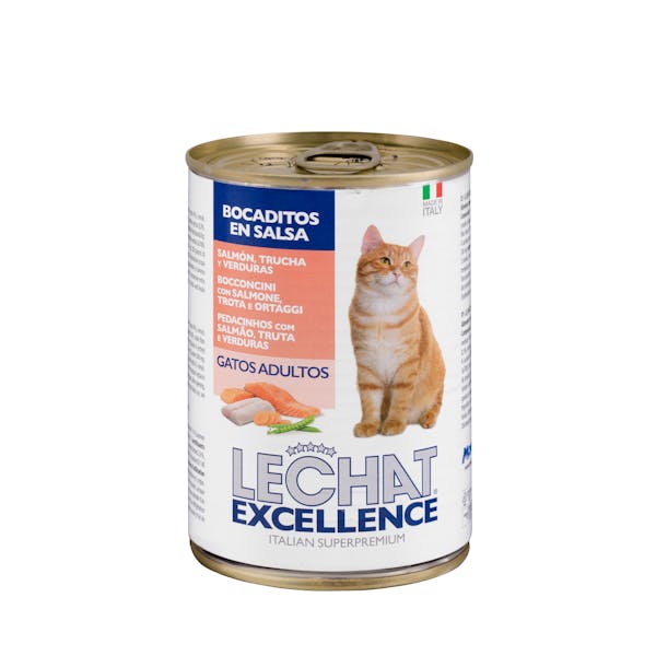 Bocaditos en salsa gato adulto Lechat Excellence con salmón, trucha y verduras