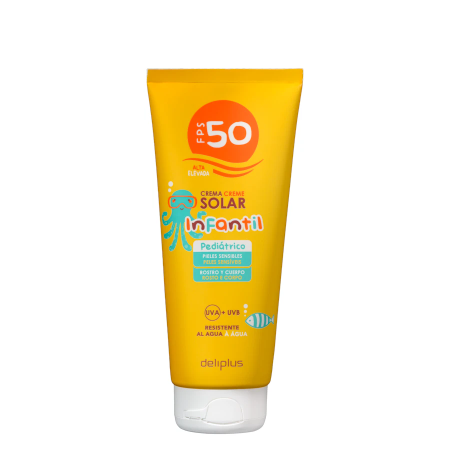 Crema protección solar infantil FPS 50 Deliplus para pieles sensibles – Mercadona – صورة المنتج