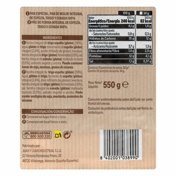 Pan de molde espelta 100% integral Hacendado natural