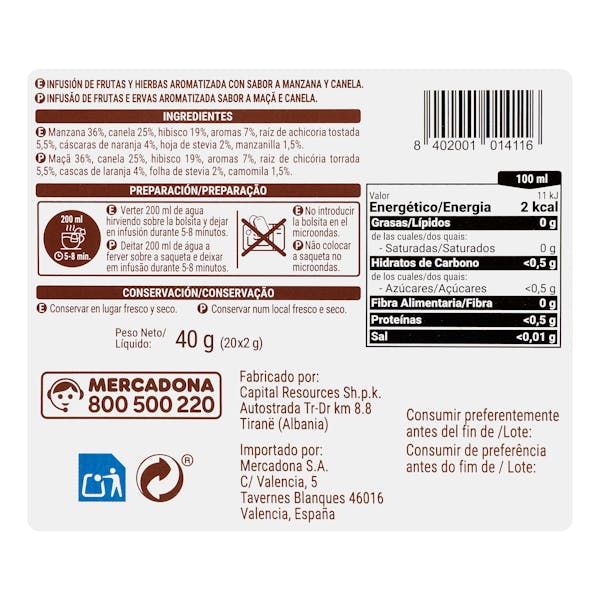 Infusión manzana y canela Hacendado