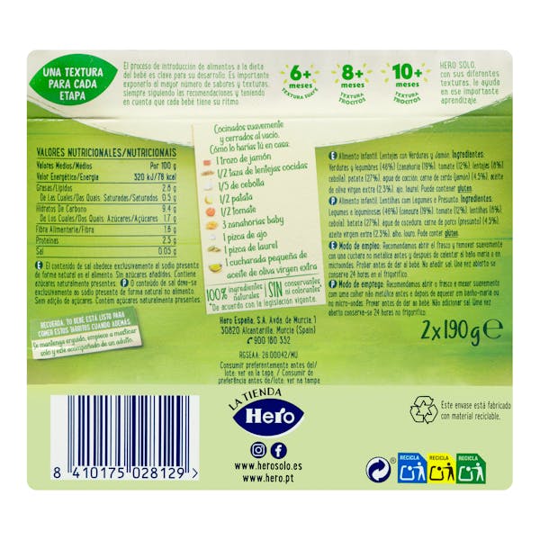 Papilla lentejas con verduritas Hero Solo recetas caseras +8 meses