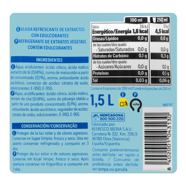 Refresco té  zero sabor melocotón Hacendado