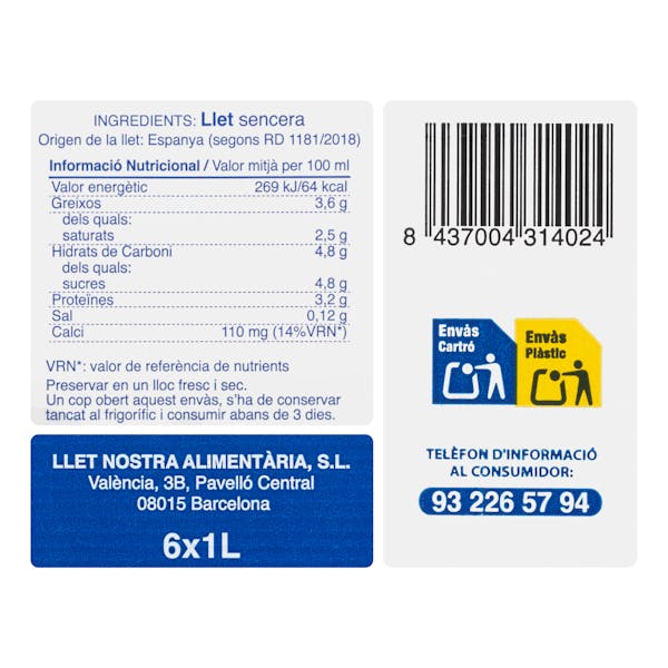 Leche entera Llet Nostra