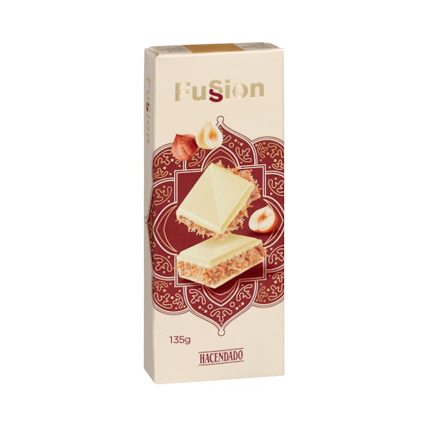 Imagen de Chocolate blanco Fussion Hacendado relleno de crema de avellana y masa filo tostada