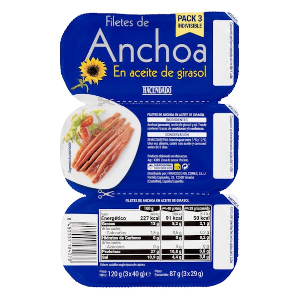 Imagen de Filetes de anchoa en aceite de girasol Hacendado