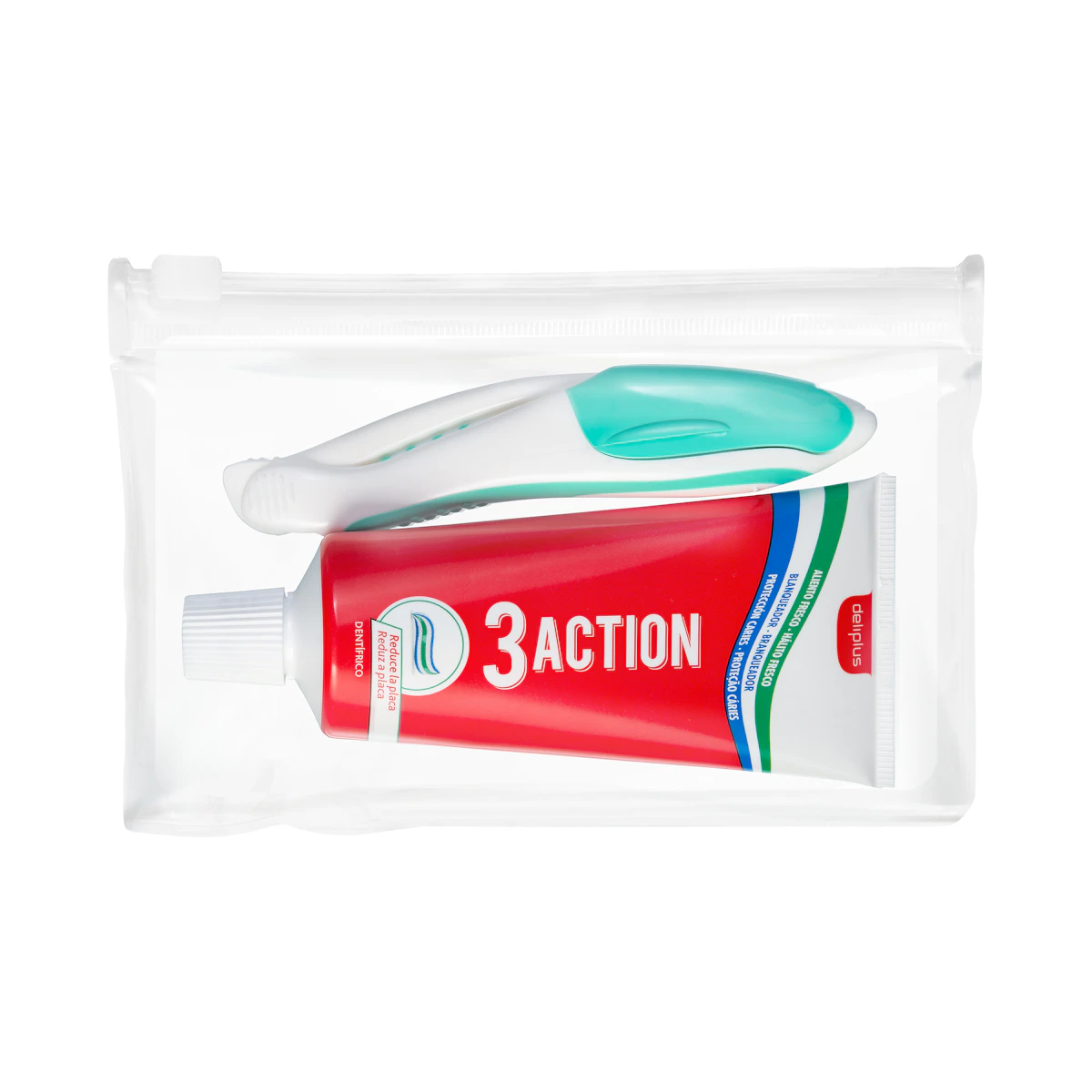 Kit de viaje higiene dental Deliplus 3 Action – Mercadona – صورة إعلانية للمنتج