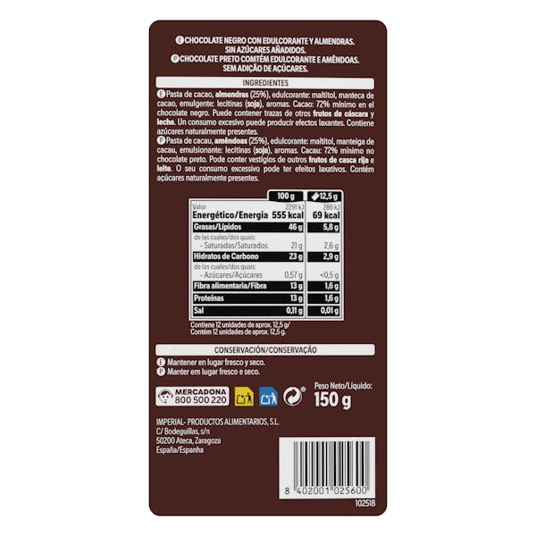 Chocolate negro 72% de cacao Hacendado con almendras enteras
