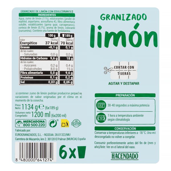 Granizado de limón Hacendado sin azúcares añadidos