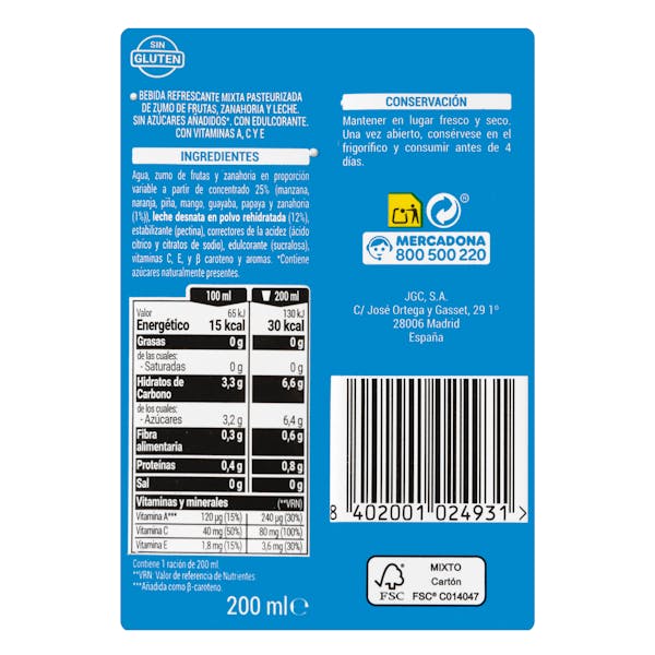 Fruta + leche mediterráneo Hacendado sin azúcares añadidos