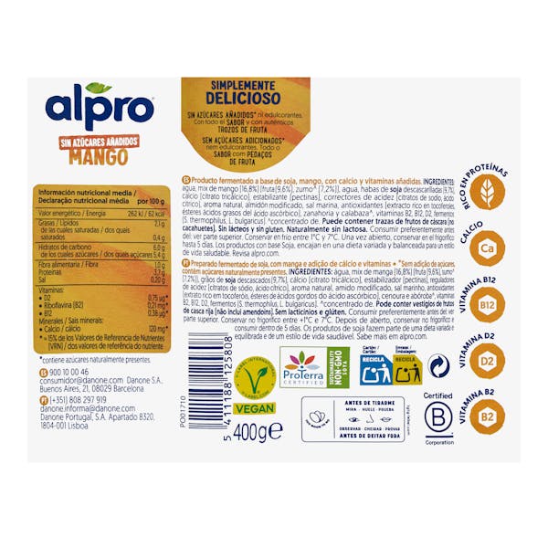 Postre de soja sabor mango Alpro sin azúcares añadidos